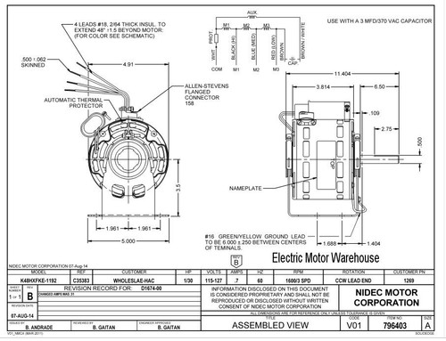 1269 Nidec | 1/30 hp 1600 RPM 3-Speed 115-127V; 5" Blower Motor