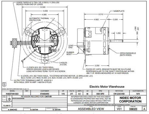 1678 Nidec | 1/16 hp 850 RPM 3-Speed 277V; 5" Blower Motor