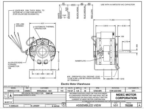 1211 Nidec | 1/12 hp 1375 RPM 3-Speed 115-127V; 5" Blower Motor