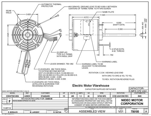 8945 Nidec | 1/3 hp 1075 RPM 2-Speed 460V; 5.6" Blower Motor
