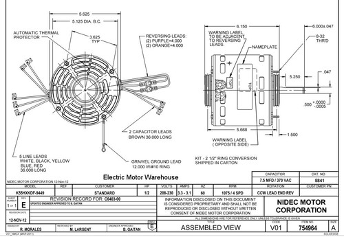 5841 Nidec | 1/2 hp 1075 RPM 4-Speed 208-230V; 5.6" Blower Motor