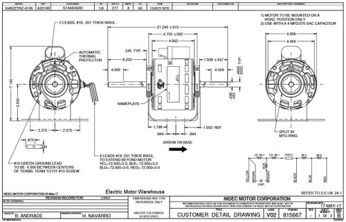 1964 Nidec | 1/8 hp 1500 RPM 3-Speed 277V; 5" Blower Motor