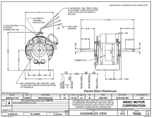 1257 Nidec | 0.167 hp 1450 RPM 3-Speed 115-120V; 5" Blower Motor