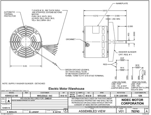 1254 Nidec | 3/4 hp 1075 RPM 1-Speed 208-230, 380, 460V; 5.6" Condenser Motor