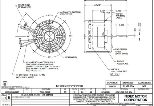 5451 Nidec | 1/2 hp 1075 RPM 3-Speed 115V; 5.6" Blower Motor