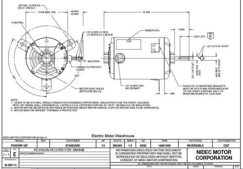 2387 Nidec | 1/3 hp 1400 RPM 1-Speed 380/460V; 5.6" Blower Motor