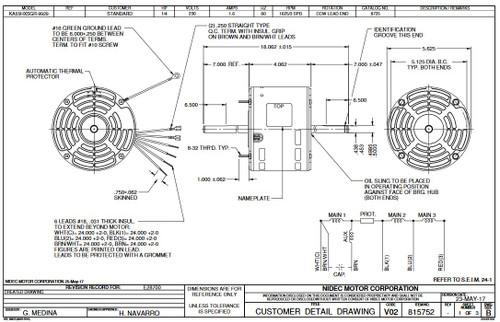 8725 Nidec | 1/4 hp 1625 RPM 3-Speed 230V; 5.6" Blower Motor