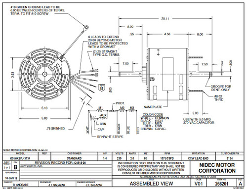3134 Nidec | 1/4 hp 1075 RPM 3-Speed 230V; 5.6" Blower Motor
