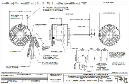 1863 Nidec | 1/4 hp 1075 RPM 3-Speed 115V; 5.6" Blower Motor