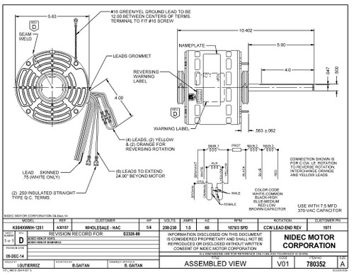 1971 Nidec | 1/4 hp 1075 RPM 3-Speed 208-230V; 5.6" Blower Motor