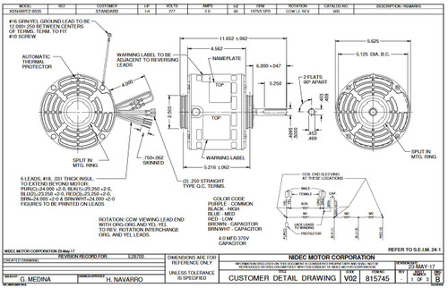 600 Nidec | 1/4 hp 1075 RPM 3-Speed 277V; 5.6" Blower Motor
