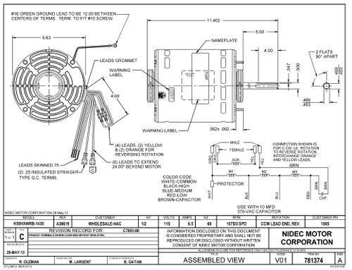 1865 Nidec | 1/2 hp 1075 RPM 3-Speed 115V; 5.6" Blower Motor
