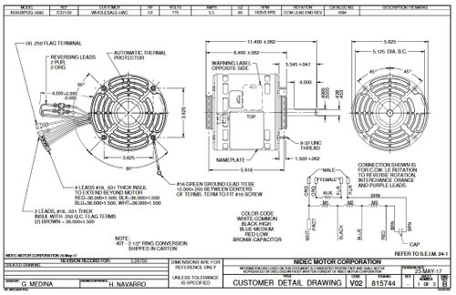 1694 Nidec | 1/2 hp 1625 RPM 3-Speed 115V; 5.6" Blower Motor
