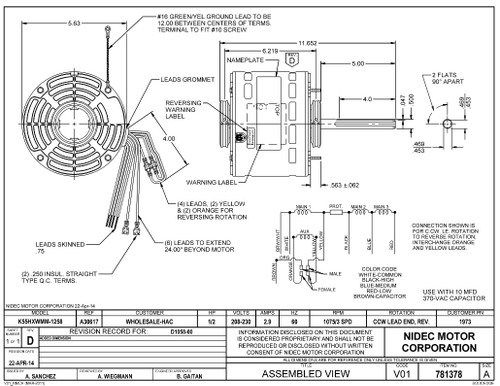 1973 Nidec | 1/2 hp 1075 RPM 3-Speed 208-230V; 5.6" Blower Motor
