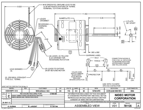 8904 Nidec | 3/4 hp 1075 RPM 3-Speed 115V; 5.6" Blower Motor