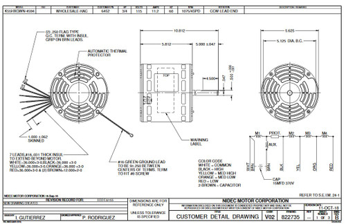 6452 Nidec | 3/4 hp 1075 RPM 4-Speed 115V; 5.6" Blower Motor