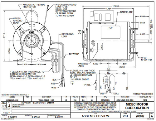 1810 Nidec | 1/2 hp 1075 RPM 1-Speed 230V; 5.6" Blower Motor