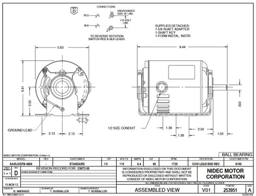 8100 Nidec | 1/3 hp 1725 RPM 48 Frame 115V Belt Drive Furnace Motor