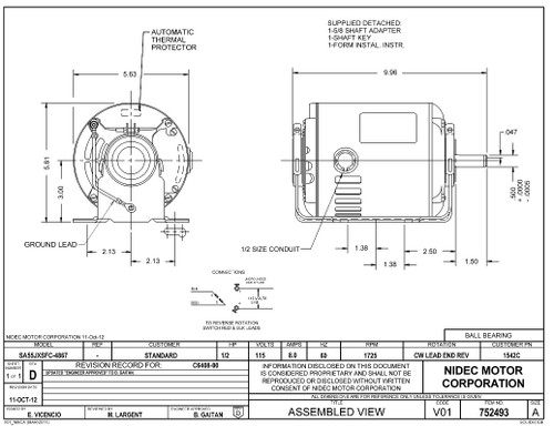 1542C Nidec | 1/2 hp 1725 RPM 1-Speed 115V; 5.6" Blower Motor