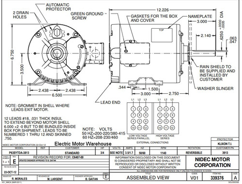 3913 Nidec | 3/4 hp 1140 RPM, 208-230/460V; 6.5" Condenser Motor
