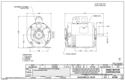 2574 Nidec | 1 hp 1725/1140 RPM 2-Speed 115V; 6.5" Blower Motor