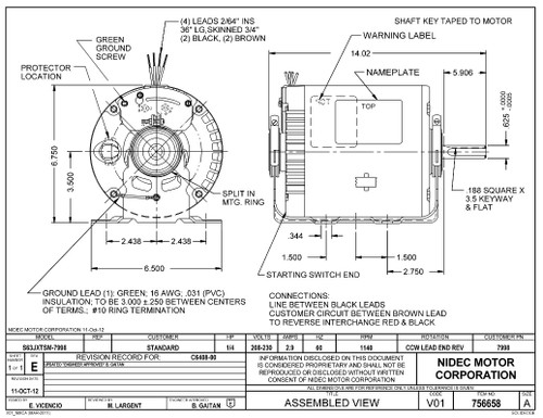 7998 Nidec | 1/4 hp 1140 RPM 1-Speed 208-230V; 6.5"  Blower Motor