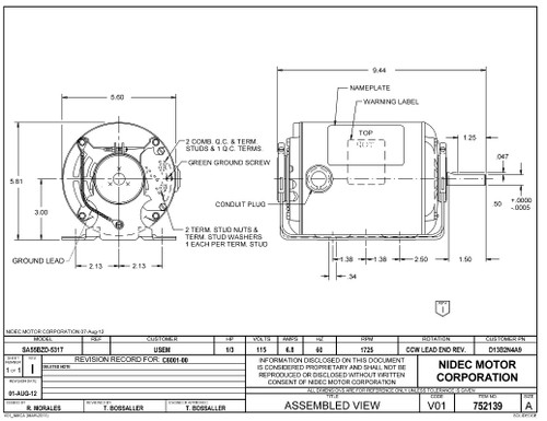 D13B2N4A9 Nidec | 1/3 hp 1725 RPM 1-Speed 115V; 5.6"  Blower Motor