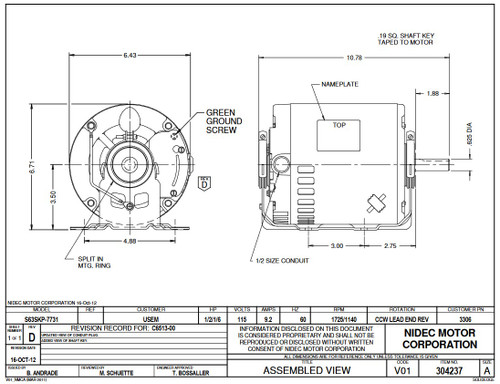 3306 Nidec | 1/3 hp 1725/1140 RPM 2-Speed 115V; 6.5"  Blower Motor