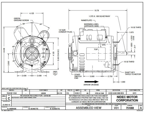 6311 Nidec | 3/4 hp 1725/1140 RPM 2-Speed 115V; 6.5"  Blower Motor