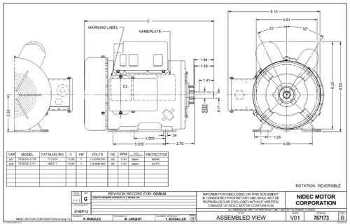 T1C3JH Nidec | 1 hp 1140 RPM 56H TEFC 115/208-230V; 6.5" Nidec Electric Moto