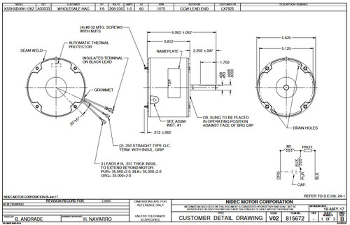 LX7925 Nidec | 1/6 hp 1075 RPM 1-Speed 208-230V; 5.6" Condenser Fan Motor