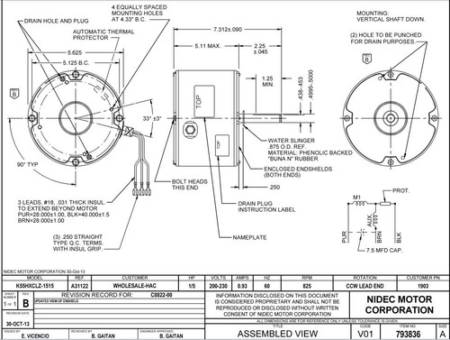 1903 Nidec | 1/5 hp 825 RPM 1-Speed 200-230V; 5.6" Condenser Motor