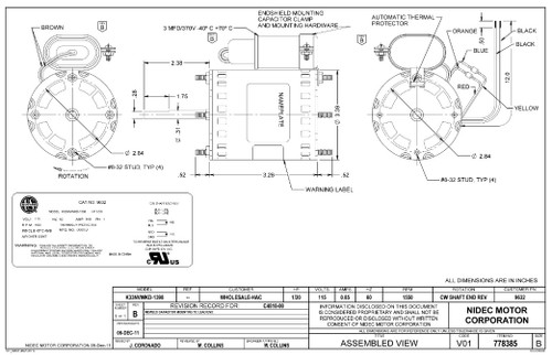 9632 Nidec | 1/20 hp 1550 RPM 1-Speed 115V; 5.6" Condenser Motor