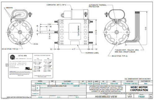 9664 Nidec | 1/20-1/12 hp 1550 RPM 1-Speed 115/230V; 3.3" Blower Motor
