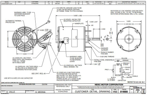 3851 Nidec | 1/4 hp 1075 RPM 1-Speed 208-230V; 5.6" Condenser Motor