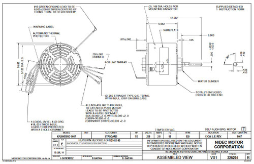 8667 Nidec | 1/3 hp 825 RPM 1-Speed 230V; 5.6" Condenser Motor