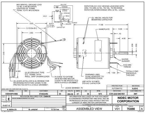3097 Nidec | 3/4 hp 1075 RPM 1-Speed 208-230V; 5.6" Condenser Motor
