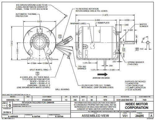 7025 Nidec | 1/2 hp 1075 RPM 1-Speed 230V; 5.6" Condenser Motor