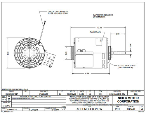 6603 Nidec | 3/4 hp 1075 RPM 1-Speed 208-23/460V; 5.6" Condenser Motor