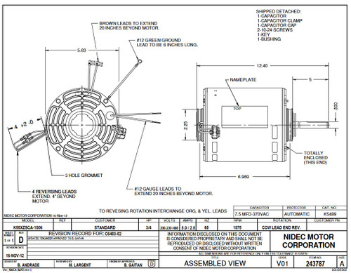 5489 Nidec | 3/4 hp 1075 RPM 1-Speed 208-230/460V; 5.6" Condenser Motor