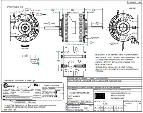 Century 89 (89PSC) | 1/10 hp 1050 RPM 5-Speed 5" Diameter 115 Volts Double Shafted Motor