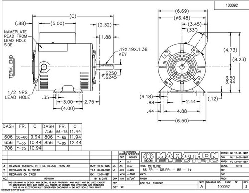 S037 Marathon 1 hp 1800 RPM 56 Frame 115/230V Open Drip Marathon Electric Motor