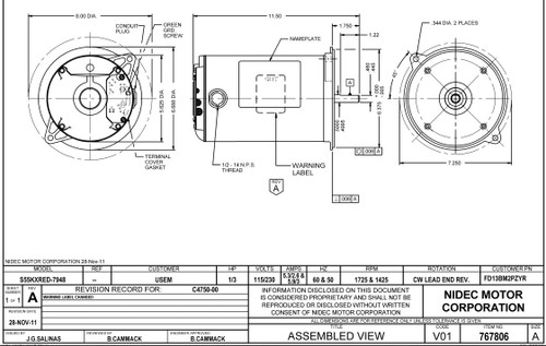 FD13BM2PZYR Nidec | 1/3 hp 1800 RPM 56Y Frame TENV 115/230V Nidec Electric Auger Drive Motor
