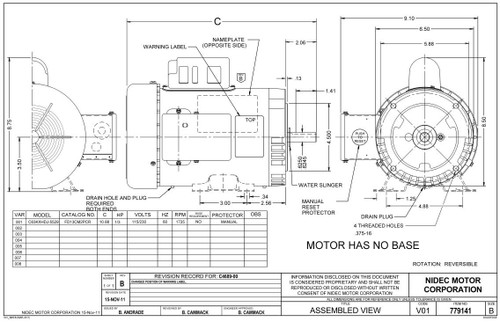 FD13CM2PCR Nidec | 1/3 hp 1800 RPM 56C Frame (Farm Duty) 115/230V