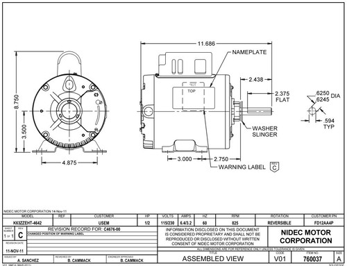 FD12AA4P Nidec | 1/2 hp 900 RPM 115/230V; Poultry Fan Motor