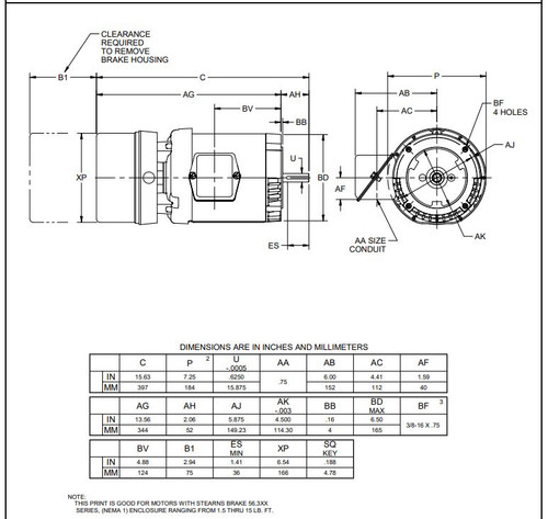 BMU32S2AFCR Nidec | 1.5 hp 1800 RPM 56C Frame 208-230/460V TEFC Nidec C-Face Electric Brake Motor