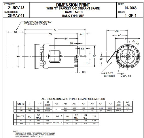 BMU2P2DCR Nidec | 2 hp 1800 RPM 145TC Frame 208-230/460V TEFC Nidec C-Face Electric Brake Motor