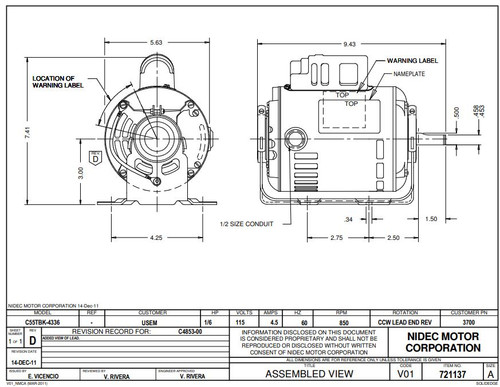3700-E Nidec | 1/6 hp 900 RPM 48 Frame 115V Open Drip Nidec Electric Motor