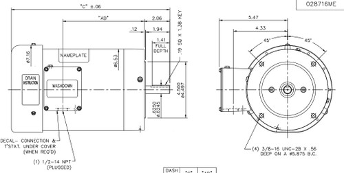 K606 Marathon 1/2 hp 1800 RPM 3-Phase  56C Frame TEFC (no base) 230/460V Marathon Motor