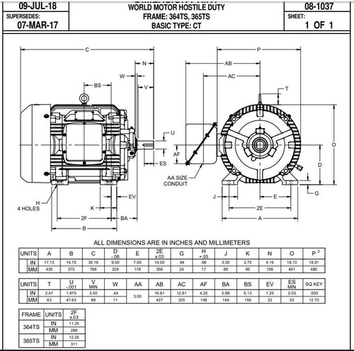 HD60P1ES Nidec | 60 hp 3600 RPM 364TS Frame 230/460V TEFC Nidec Electric Motor